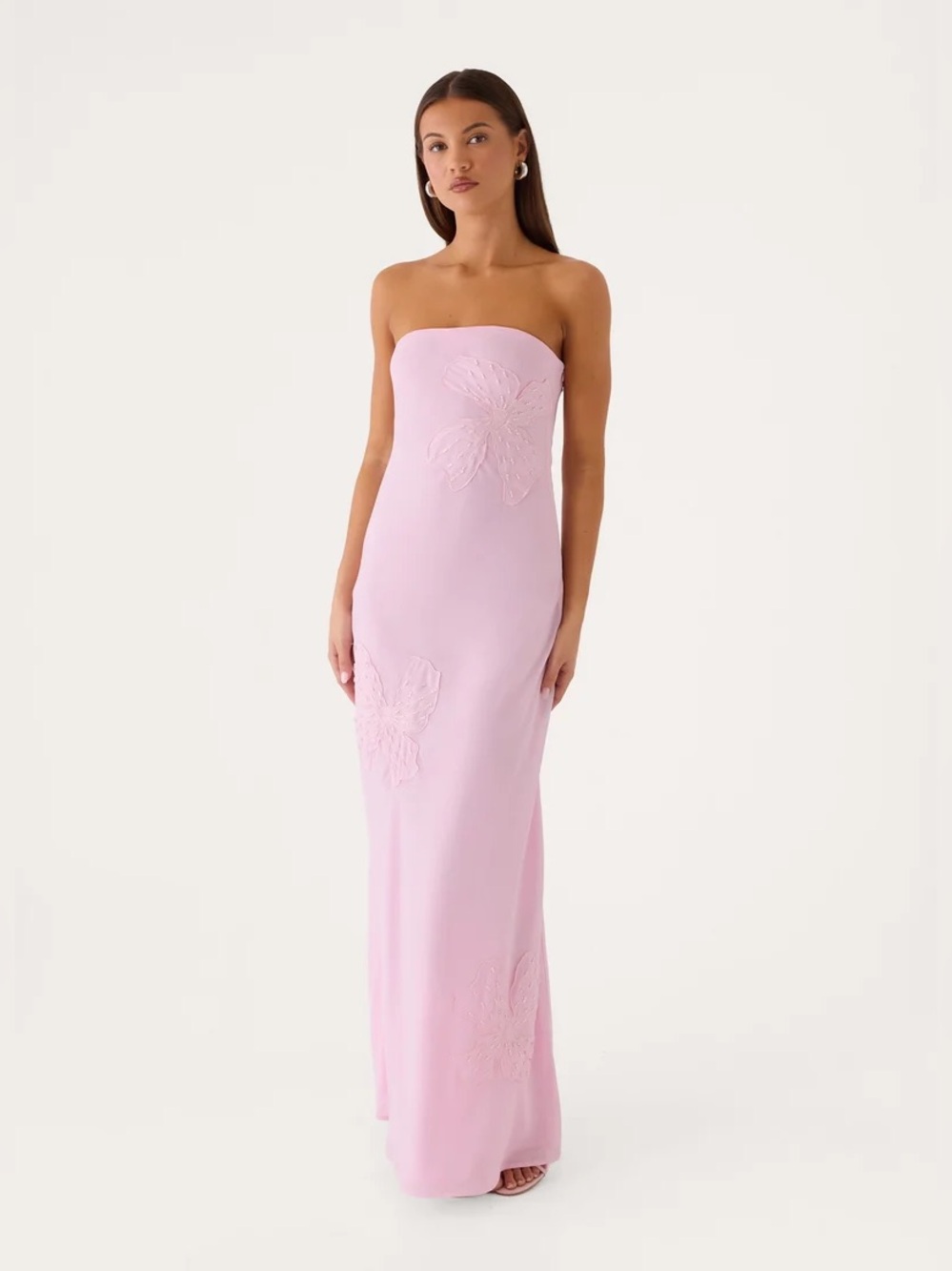 Peppermayo Sassafras Beaded Flower Strapless Maxi Dress Soft Pink Embroidered